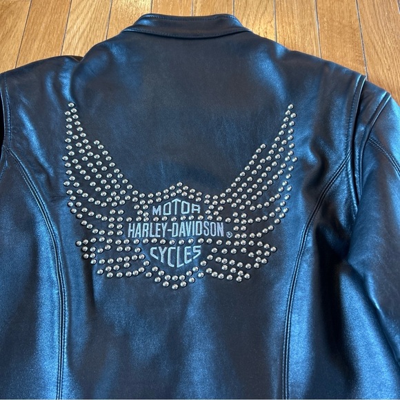 Harley Davidson Leather Jacket Women's Sz Large Black Heavy Biker Riding Studded - Picture 2 of 11